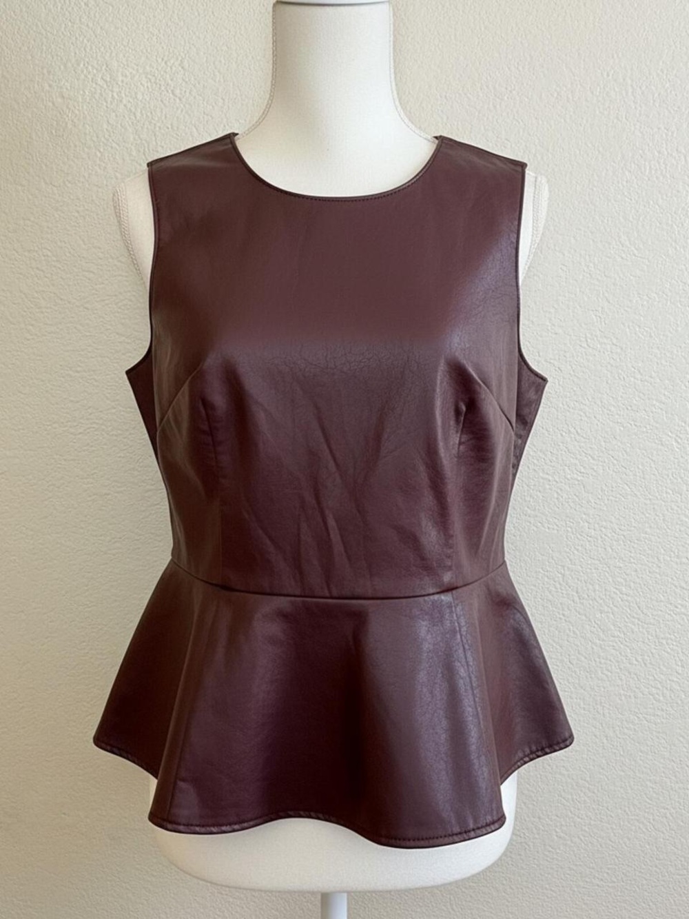 Express Sleeveless Faux Leather Peplum Top in Burgundy